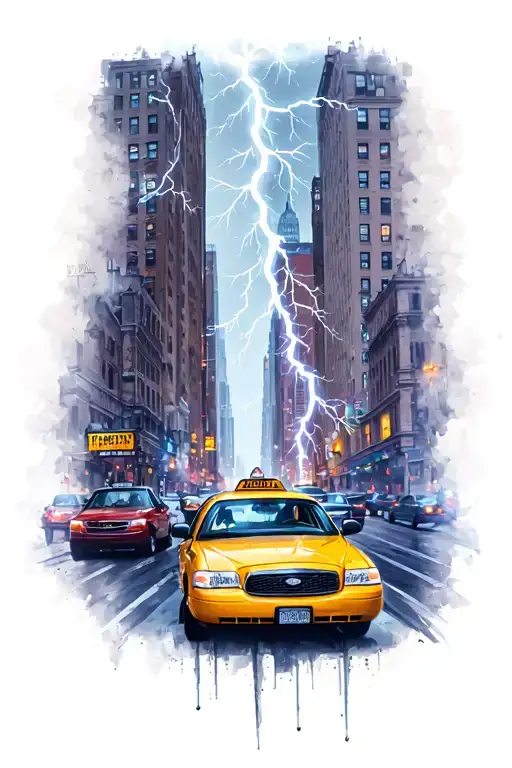 lightning striking over new york city with yellow taxi tattoo design idea