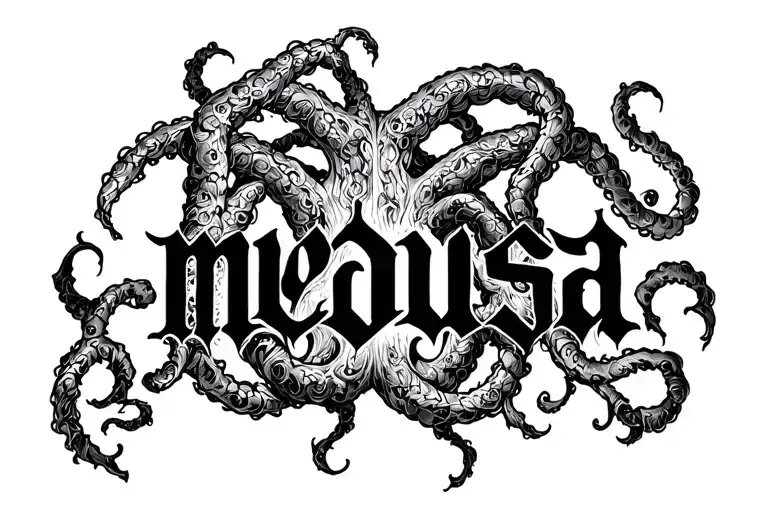 the word medusa written in a gothic style  tattoo design idea