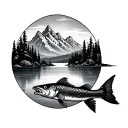 death metal on shoulder, under that high tatras mountains, with lake, in the middle of lake is Pike, and under the lake  tattoo design idea