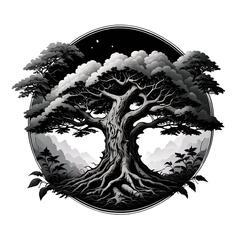 tree surrounded tattoo design idea
