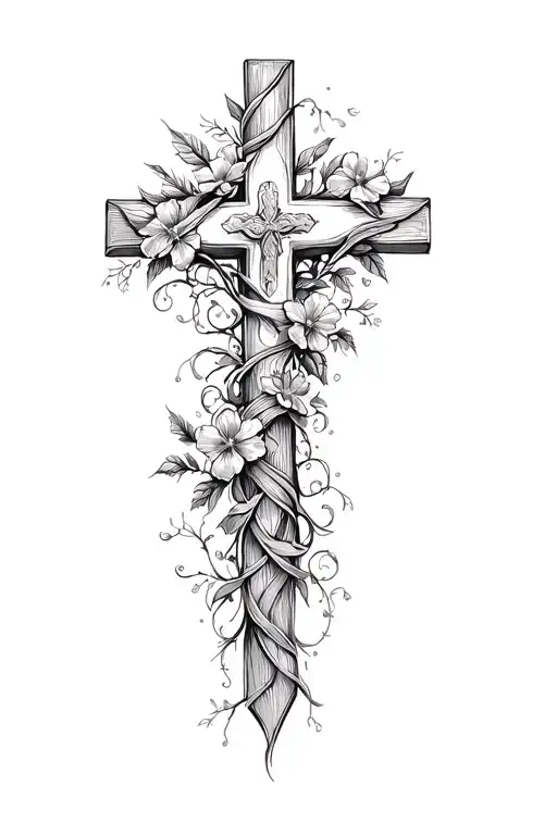 christian cross wrapped in flowers and vines wrapped tattoo design idea