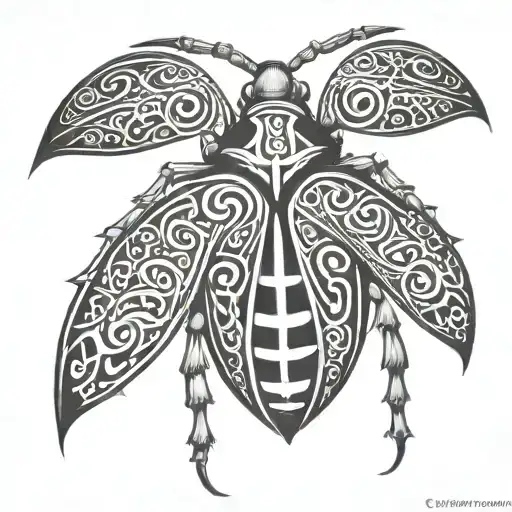 tribal bug with the letters "DJ" being used to ceate the body tattoo design idea