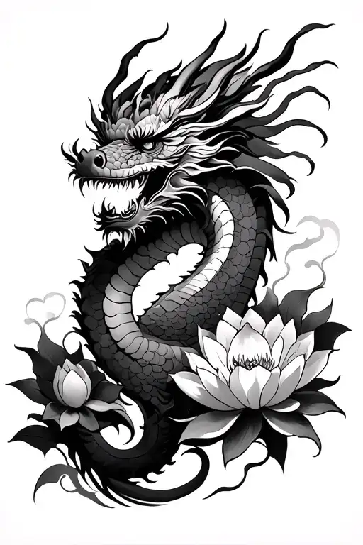 Asian dragon with part of the body and 5 lotuses half sleeve tattoo design idea