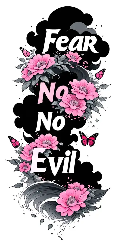 pink words saying fear no evil with pink flowers and butterfly's with black clouds that fade and it's shaped like waves tattoo design idea