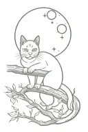 A minimalist tattoo of a cat sitting on a branch, with the planet Uranus in the background tattoo design idea