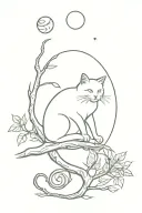 A minimalist tattoo of a cat sitting on a branch, with the planet Uranus in the background tattoo design idea