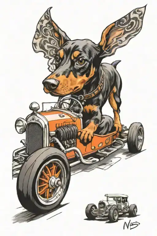 a doberman puppy tattoo driving a f1  car tattoo design idea