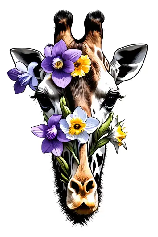 "Cooper" giraffe silhouette marigold, violet and narcissus flowers tattoo design idea