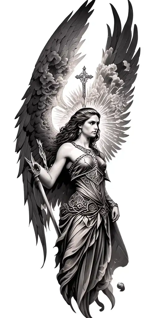 Meaningful warrior angel, Norse Valkyrie, clouds, rays, floral patterns, Norse cross tattoo design idea