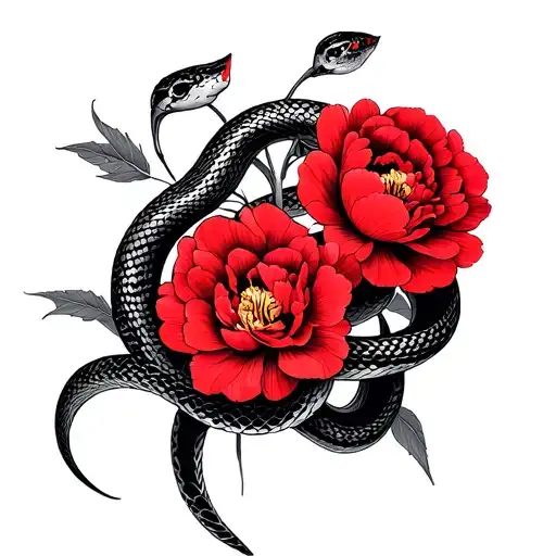 red peonies with interwoven black and gray snake wrapped tattoo design idea
