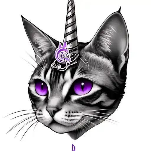 cierian cat head with a unicorn purple eyes and a musical note on the face  tattoo design idea