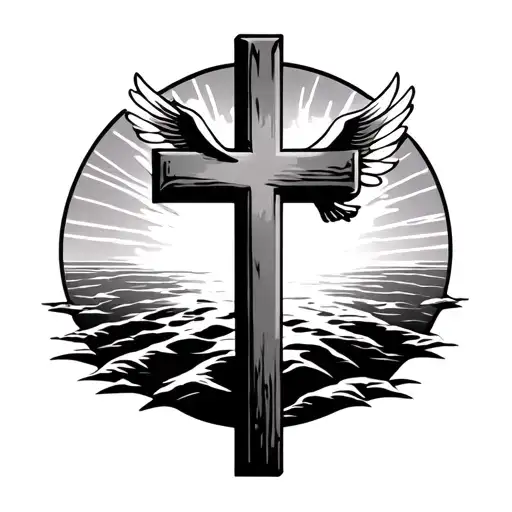 plain large Christian cross with Holy Spirit dove  coming out of it and Sunset behind it  tattoo design idea