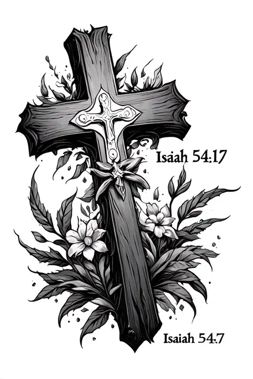 isaiah 54:17 with cross surrounded tattoo design idea