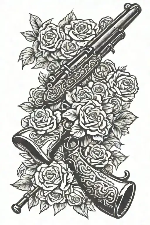 musket rifle intertwined with flowers with Wawa written on barrel  tattoo design idea