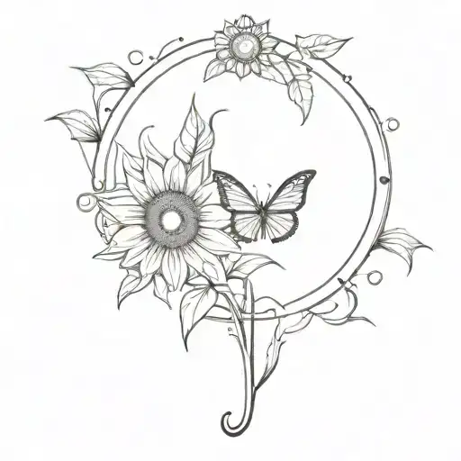 Ship anchor with a sunflower behind, monarch butterfly flying away tattoo design idea