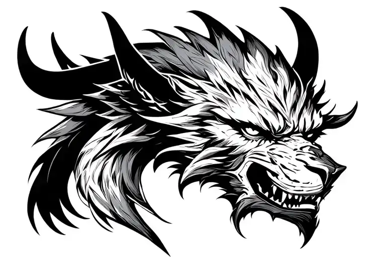 demon lion face with extra teeth and horns bahamut head tattoo design idea