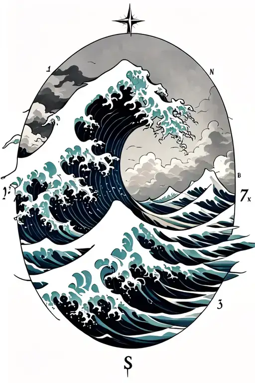 great wave of kanagawa with compass tattoo design idea