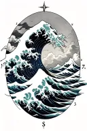 great wave of kanagawa with compass tattoo design idea