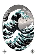 great wave of kanagawa with compass tattoo design idea