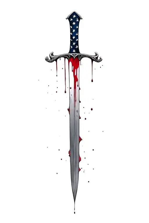 upward hilt blood dripping and tattered usa flag and sharp long blade tattoo design idea