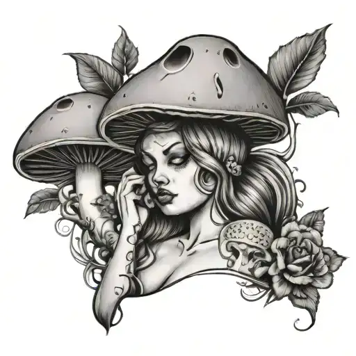 a naked, girl with a thin waist and curvy thighs with a mushroom for a head, covered in tattoos.  tattoo design idea