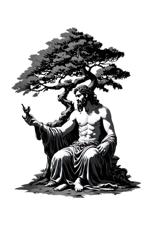 Hades with a bident, sitting under a cypress tree, in the style of Greek pottery tattoo design idea