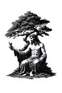 Hades with a bident, sitting under a cypress tree, in the style of Greek pottery tattoo design idea
