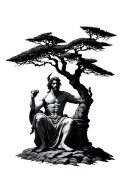 Hades with a bident, sitting under a cypress tree, in the style of Greek pottery tattoo design idea