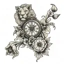 Poppies, Clock with no hands, lion, cross,   tattoo design idea