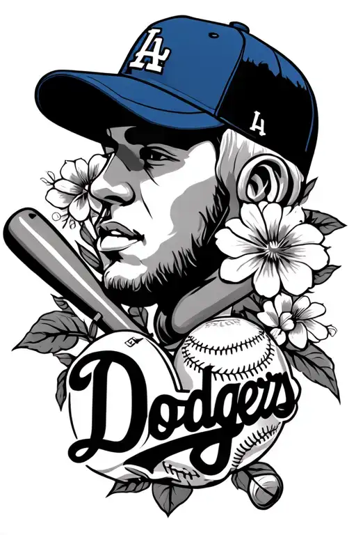 LA Dodgers with floral, baseball cap, baseball glove, and baseball bat tattoo design idea
