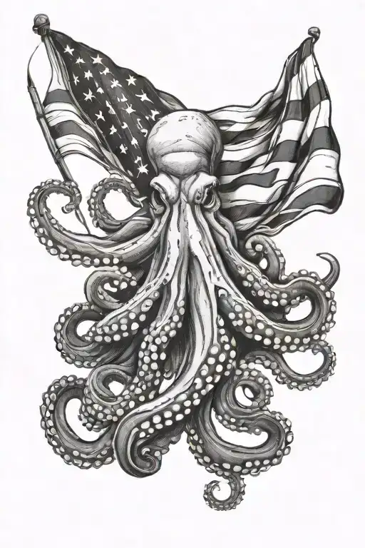 octopus wrapped, American flag, naval theme sleeve tattoo design idea