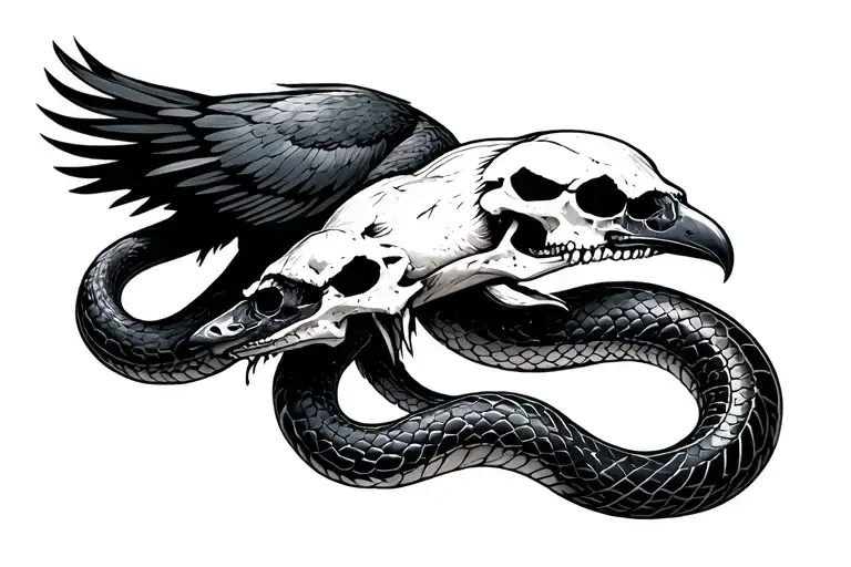 snake intertwined with raven skull eat his tail wrapped tattoo design idea