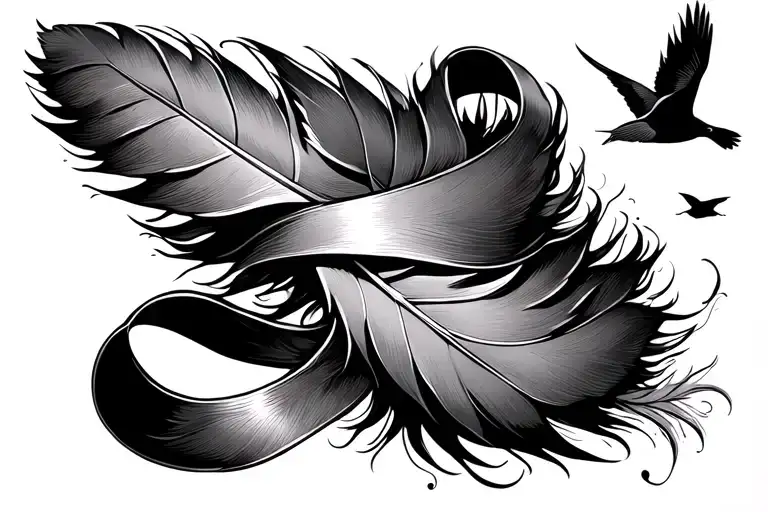 MS ribbon wrapped around feather with birds flying away tattoo design idea