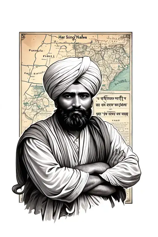 hari singh nalwa. with old punjab map with punjabj letters. also include somethings in background about sikh history tattoo design idea