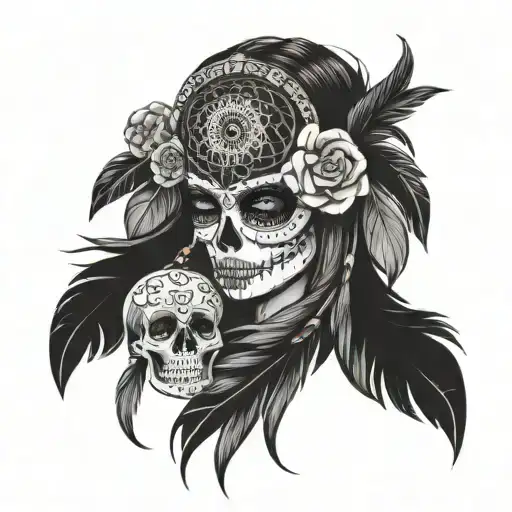 dream catcher sugar skull Aztec headress tattoo design idea