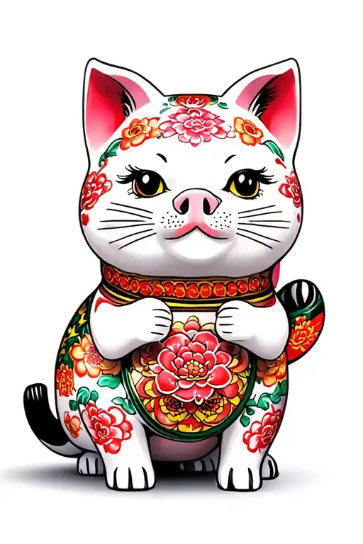 front view pig Maneki Neko kawaii Japanese style tattoo tattoo design idea