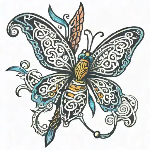 A norse-inspired butterfly with celtic dragonfly  tattoo design idea