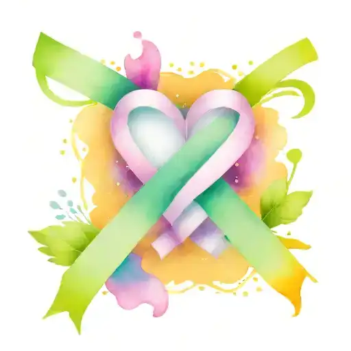 white ribbon foundation tattoo design featuring small pink purple and light green hearts   tattoo design idea
