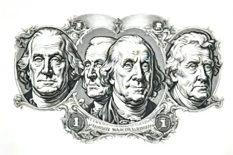 Benjamin Franklin, Franklin Rosevelt , and Andrew Jackson heads together like Mount Rushmore with money signs tattoo design idea