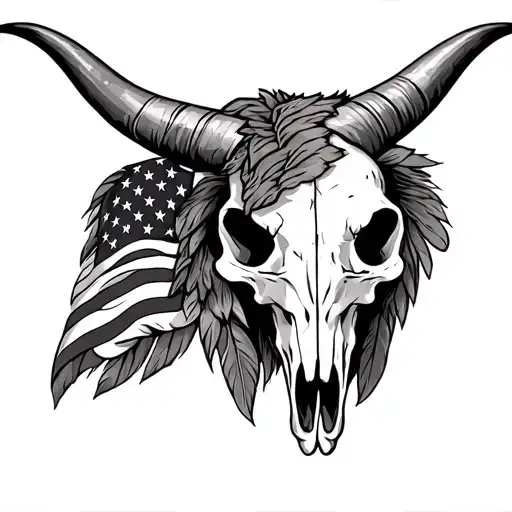 longhorn skull with tattered American flag on one horn and eagle feathers on the other tattoo design idea
