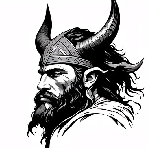 Viking warrior face with horns, sacred geometric lines, Norse mythology style, blackwork line art tattoo design idea