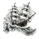 A three masted barque with waves crashing in the background tattoo design idea
