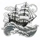 A three masted barque with waves crashing in the background tattoo design idea