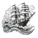 A three masted barque with waves crashing in the background tattoo design idea