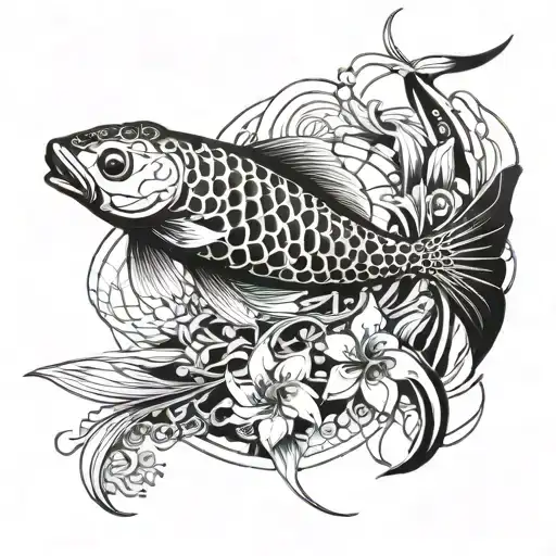 koi carp in spider lily lycoris flowers tattoo design idea