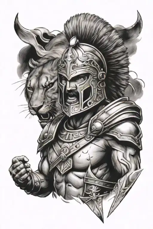 spartan warrior holding a lion by his side tattoo design idea