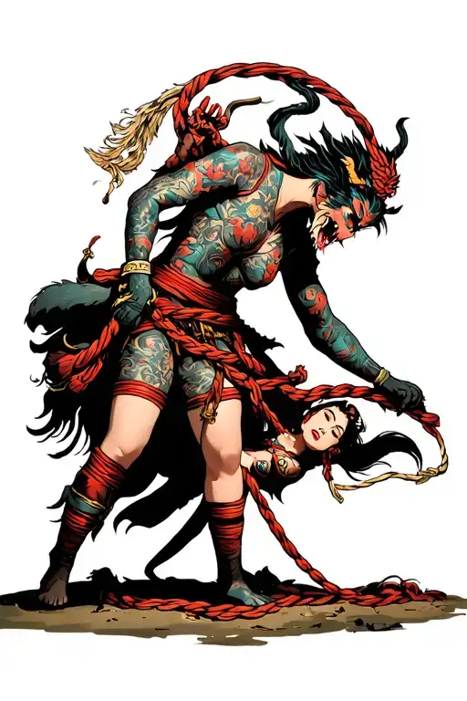 Woman tied in bondage on ground being rescued by warrior from teh demons who kidnapped her tattoo design idea