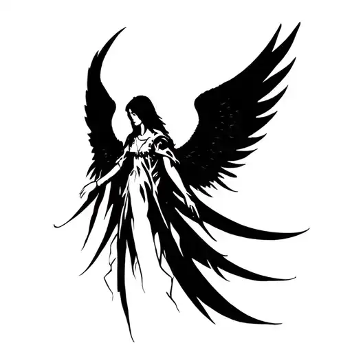 A gothic angel tattoo featuring long, narrow wings. The angel's face is obscured/unseen. The design emphasizes clean tattoo design idea