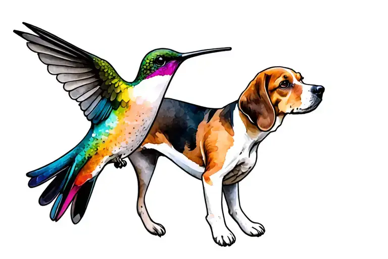 hummingbird and beagle hound dog in black tattoo design idea