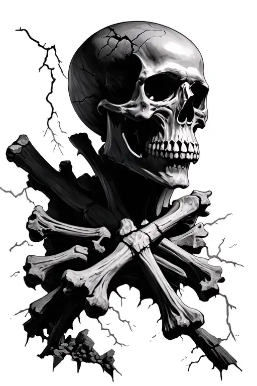 death skull Black and grey realism: extend into stormy battlefield ruins with bones, cracks, and storming lightning  tattoo design idea
